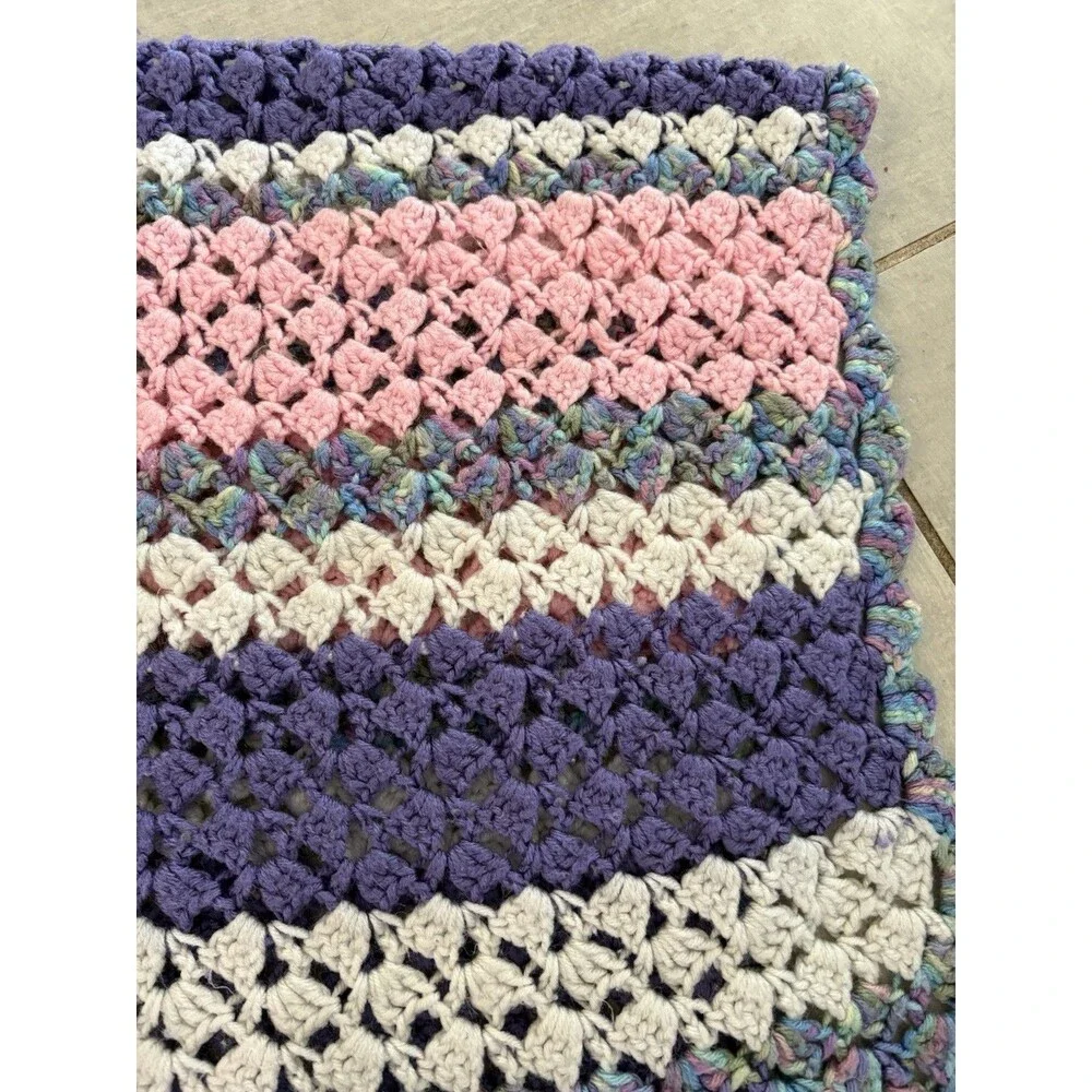 Handmade Knit Crochet Multi Color Afghan Blanket  Baby Approx. 42”x46”